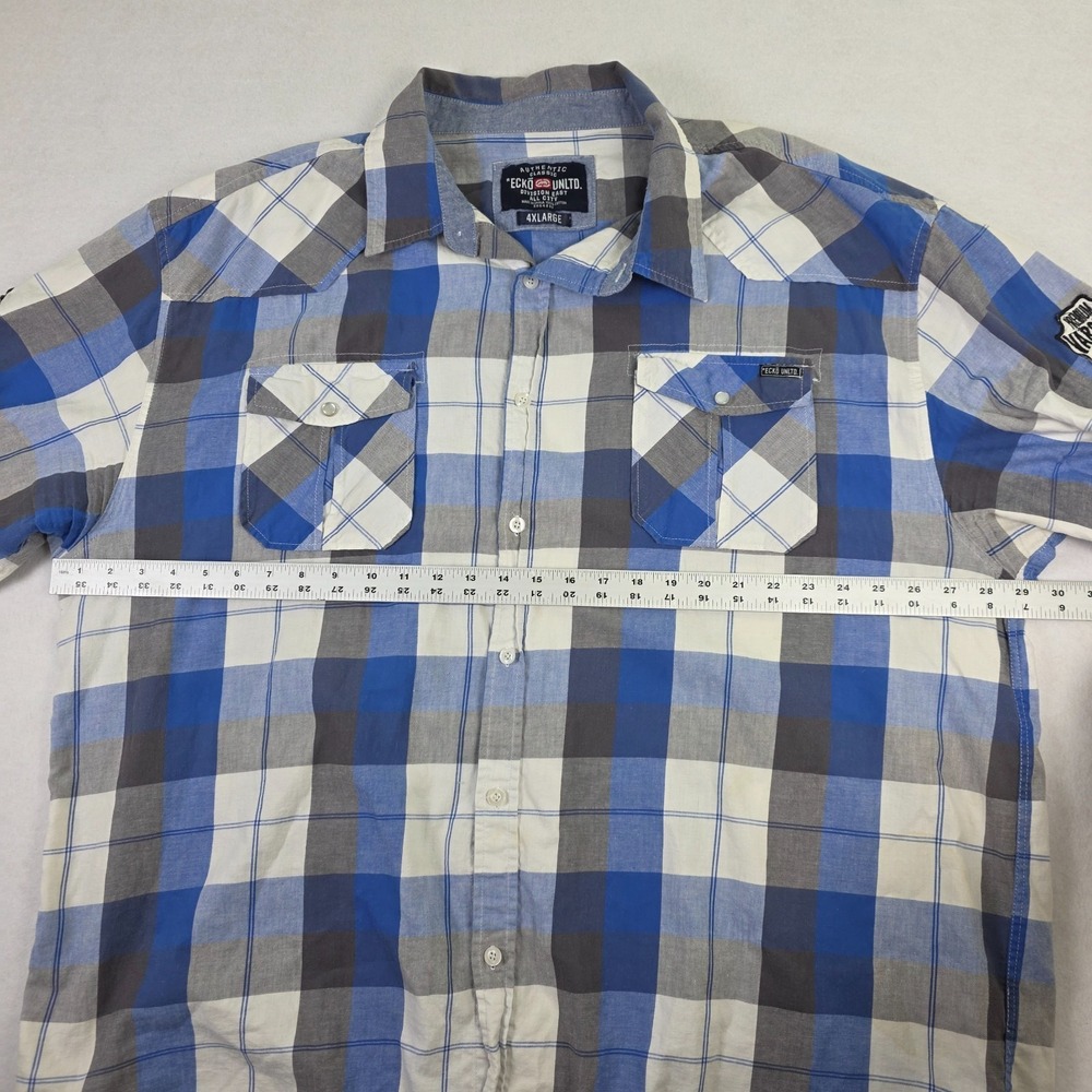 Ecko Unltd 4XL Plaid Button Up Shirt Blue Gray Short Sleeve ‎ Streetwear - Picture 5 of 9